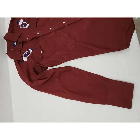 Vintage Men’s Medium Chute Red Maroon Western Pearl Snap Embroidered Wagon Shirt - Picture 2 of 15